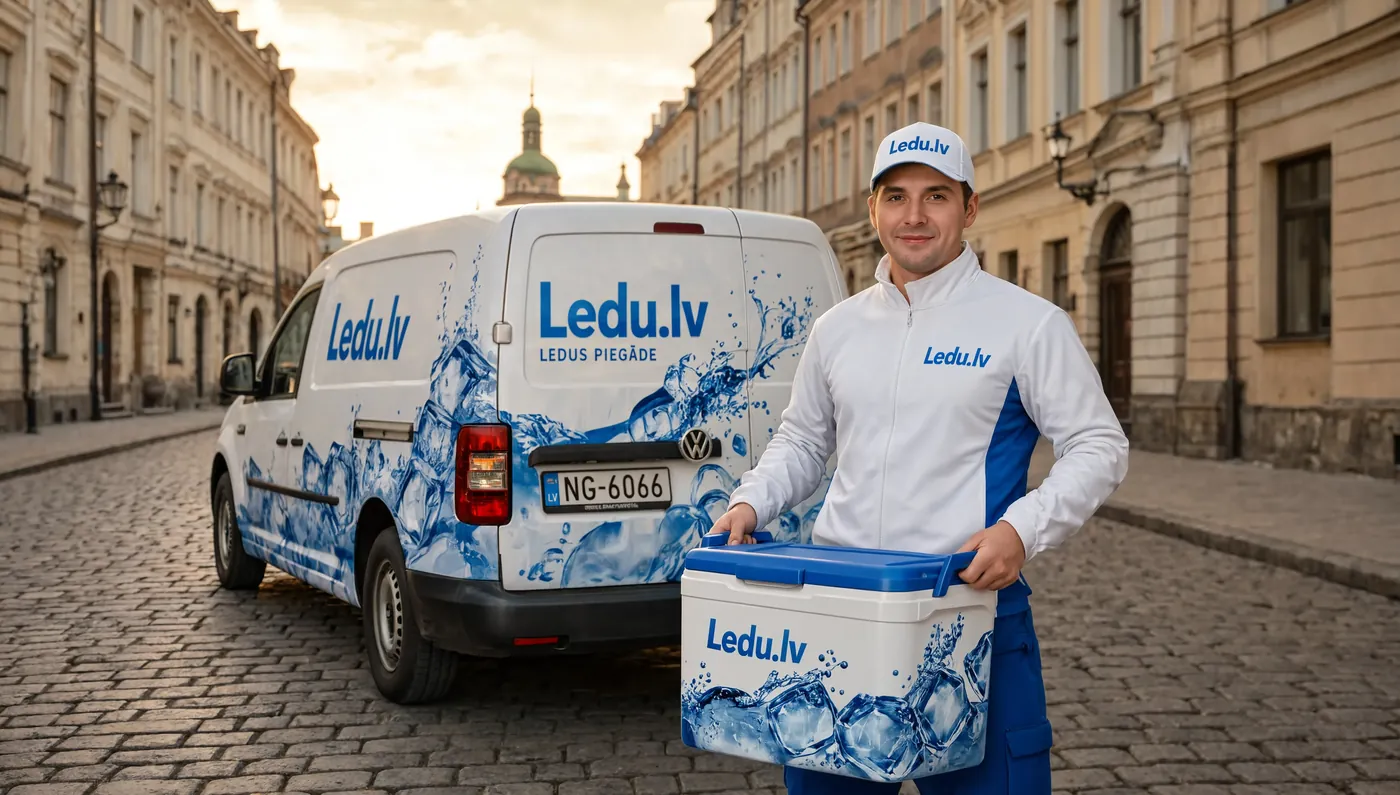 Ledu.lv kurjers piegādā termo kasti ar ledu Rīgas vecpilsētā